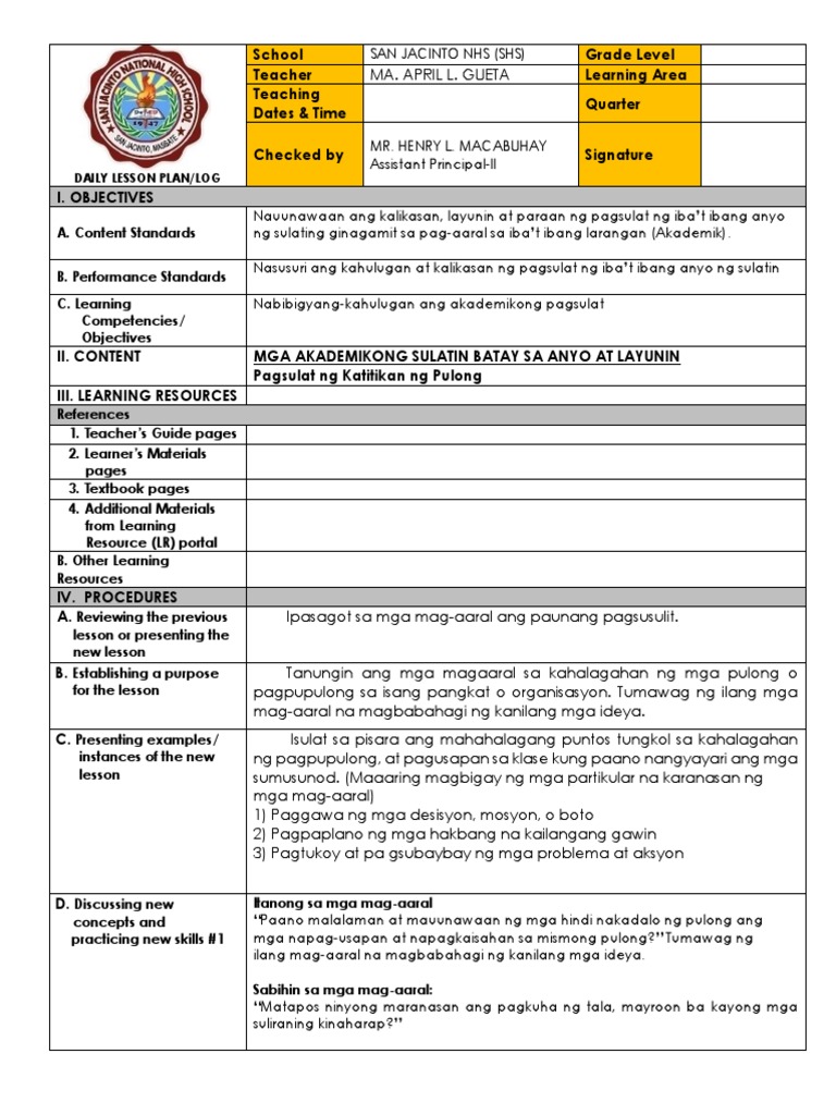 Blank Template For Pagsulat Sa Piling Larang | PDF