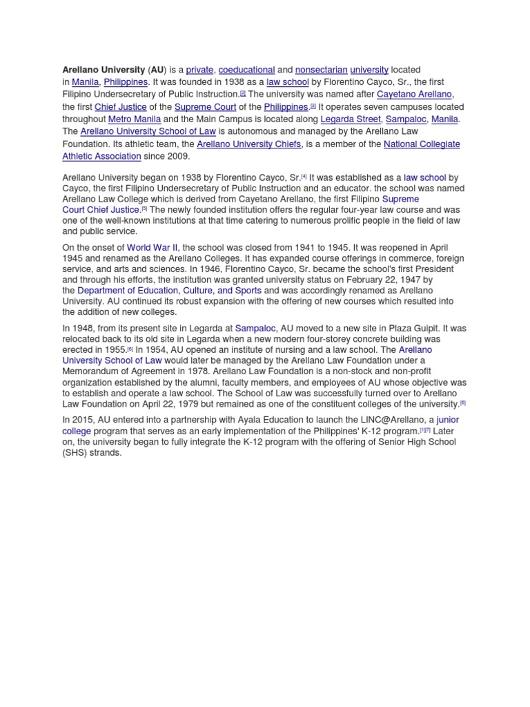 Arellano University History PDF Social Institutions Social Science