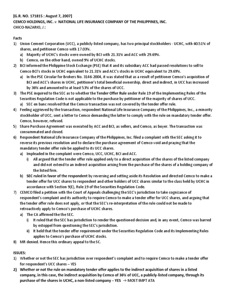 CEMCO HOLDINGS v. NATIONAL LIFE INSURANCE CO PDF Stocks Mergers