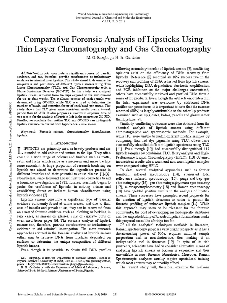 Comparative Forensic Analysis of Lipsticks Using Thin Layer