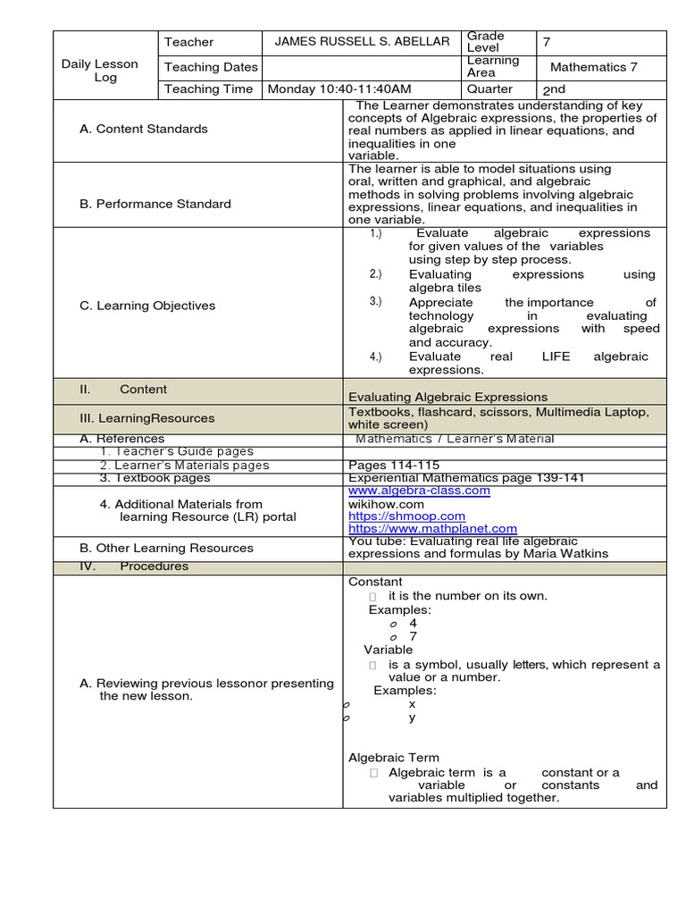 Evaluating Algebraic Expressions in G7 | PDF