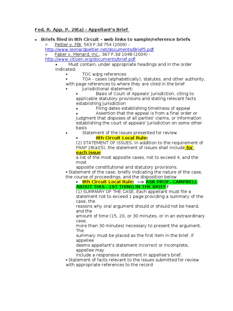 8th Circuit Appellant's Brief Guidelines | PDF | Brief (Law) | Appeal