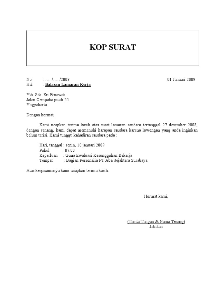 Surat Balasan Lamaran Pekerjaa