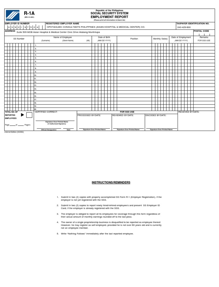 Sss r1a employment employer