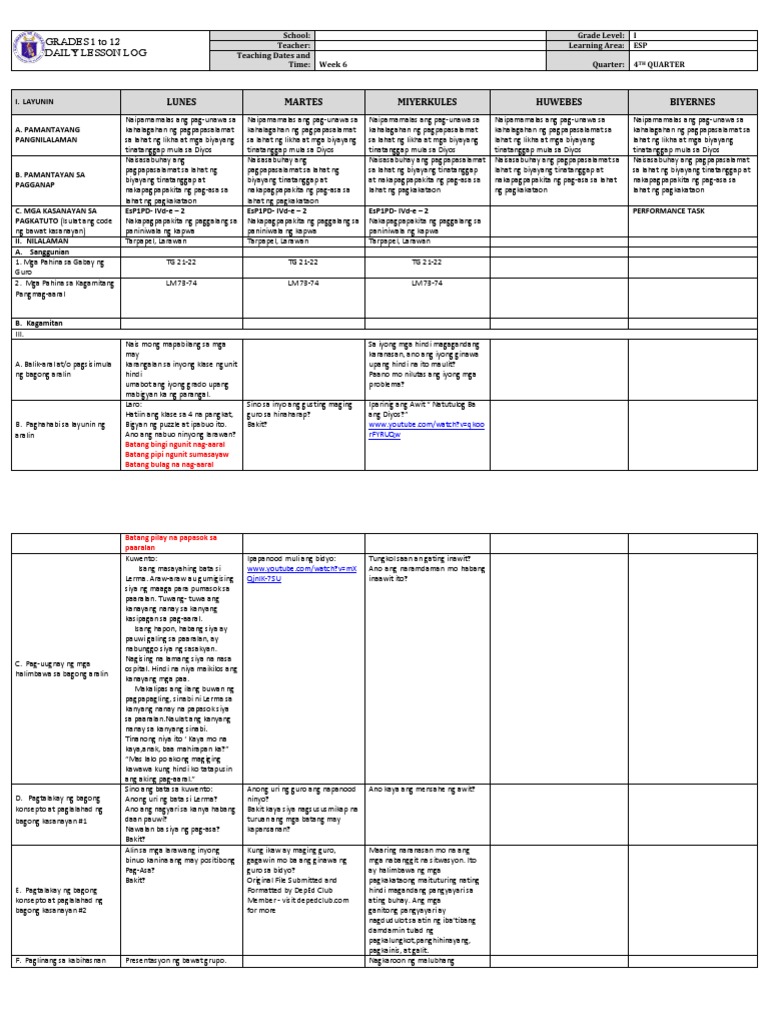 Grade 1 DLL ESP Q4 Week 6 | PDF
