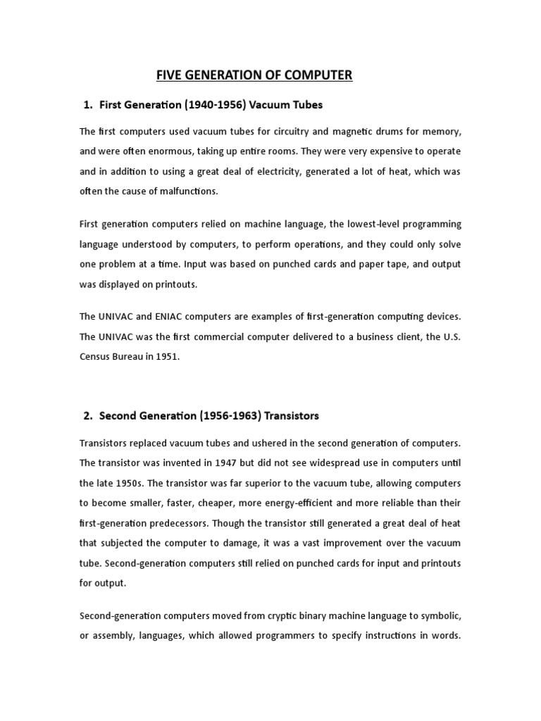 Five Generation of Computer: 1. First Generation (1940-1956) Vacuum ...