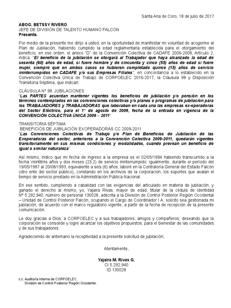Carta Solicitud de Jubilación PDF Jubilación Gobierno