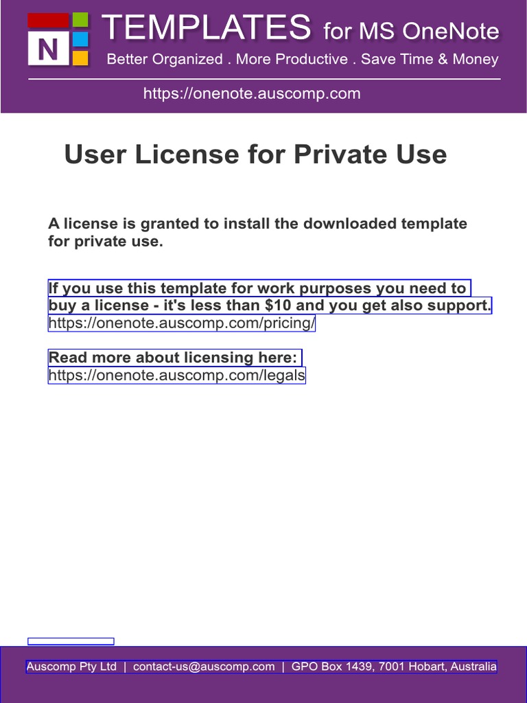 OneNote Templates - User License For Private Use | PDF