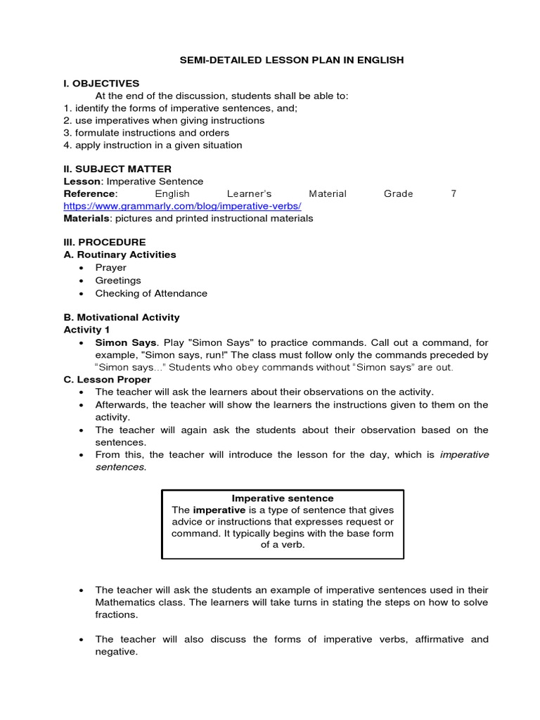 COT PDF Lesson Plan Sentence (Linguistics)