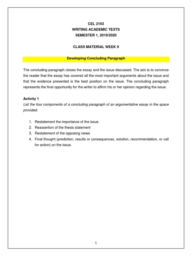 Cel 2103 - Class Material Week 9 - Concluding Paragraph - Teacher | PDF ...