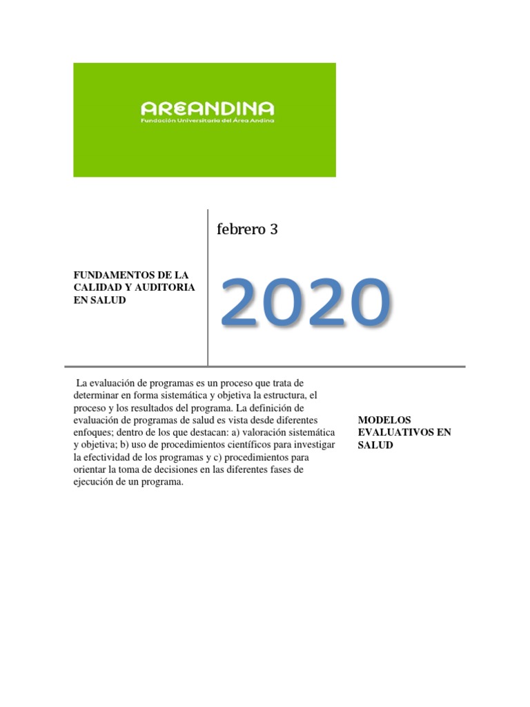 Taller MODELOS EVALUATIVOS EN SALUD Nelvis | PDF | Evaluación | Calidad  (comercial)