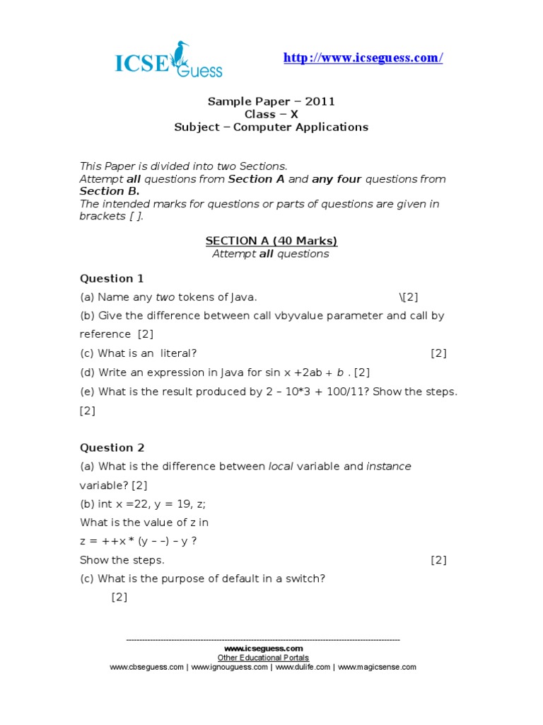 Sample Paper - 2011 Class - X Subject - Computer Applications | PDF ...