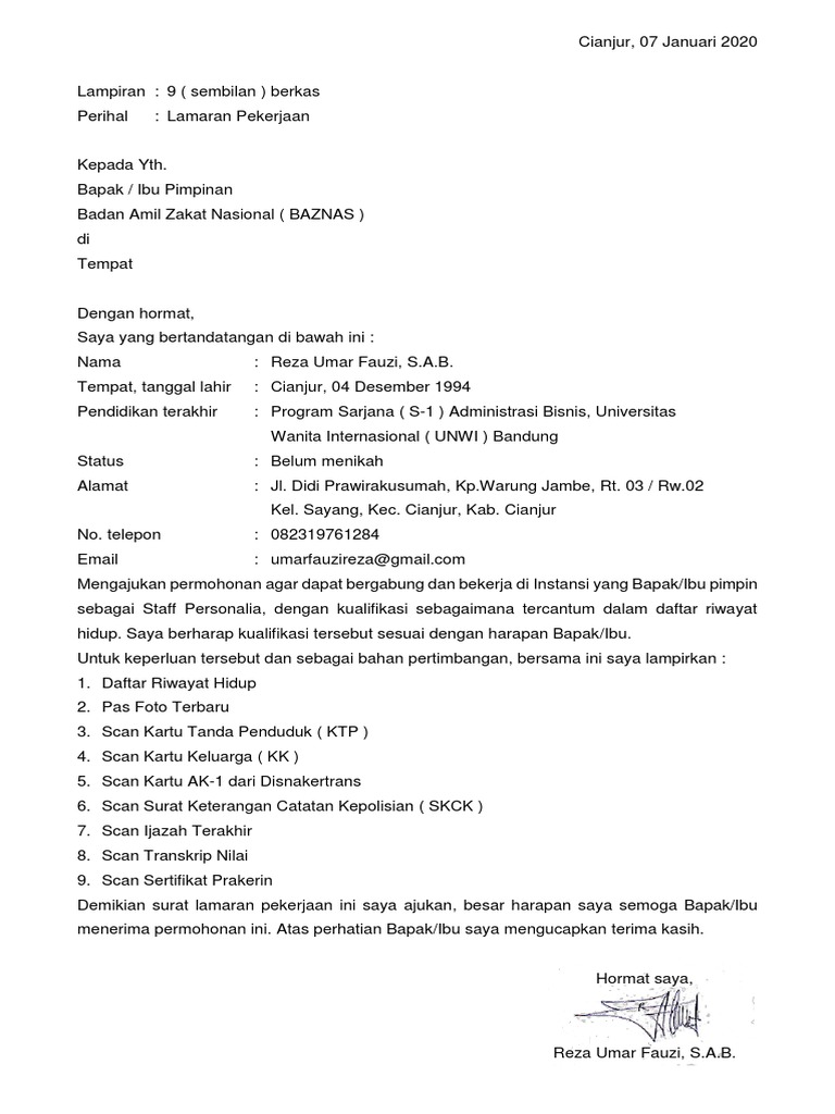 Lamaran Pekerjaan sebagai Staff Personalia di BAZNAS | PDF
