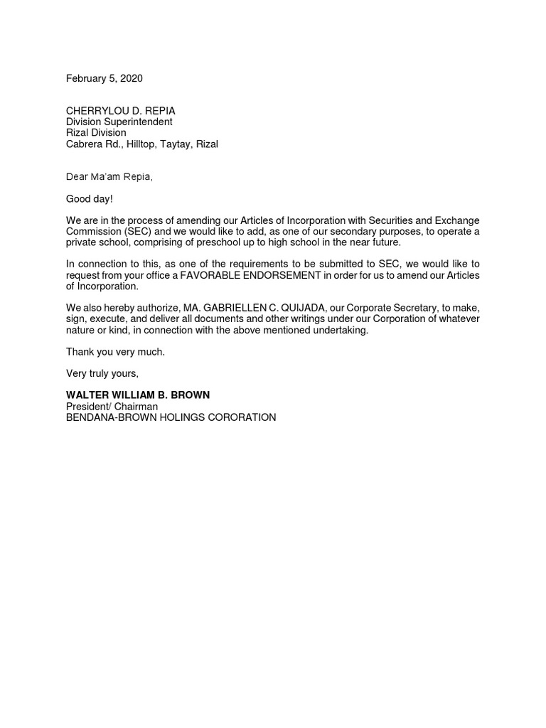 Favorable Endorsement Request to DepEd | PDF