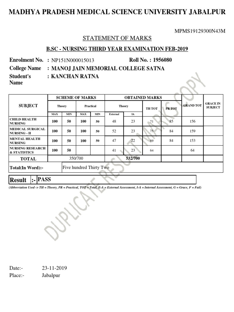 MPMSU ParamedicalDiploma Marksheet PDF