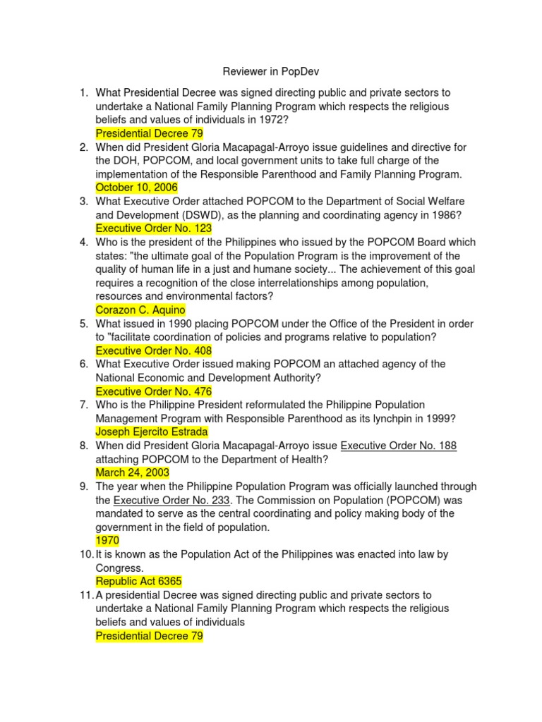 Reviewer in PopDev Presidential Decrees and Executive Orders PDF