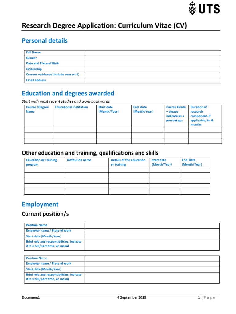 Uts Grs Research Degree Application CV Template PDF