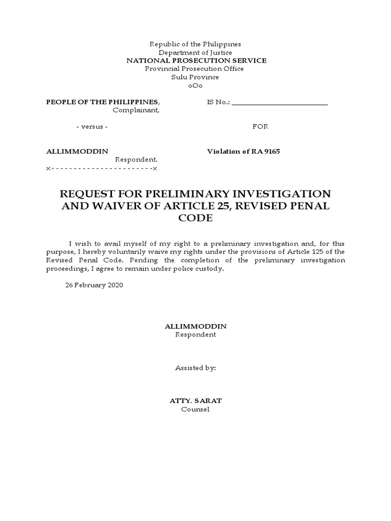 Sample WAIVER OF ART. 25 RPC | PDF | Criminal Justice | Crime & Violence