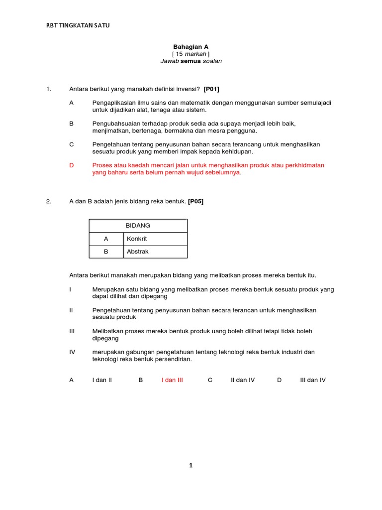 Soalan dan Jawapan RBT Tingkatan 1 | PDF