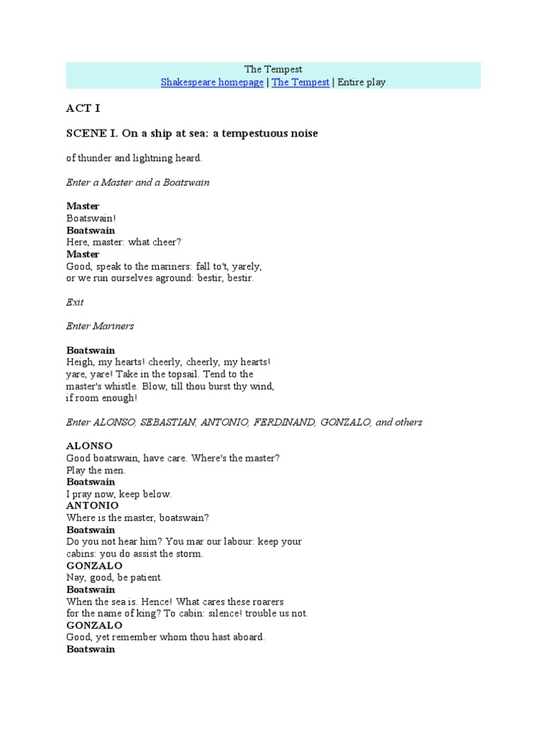 Act I SCENE I. On A Ship at Sea A Tempestuous Noise Enter A Master