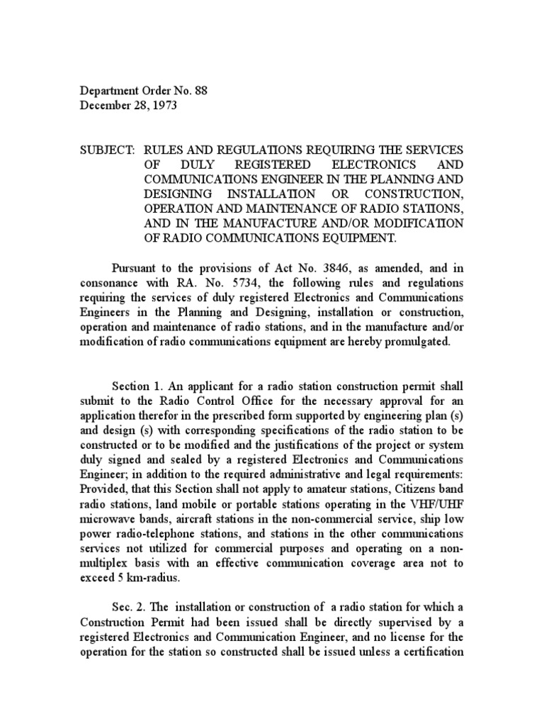 Dep't Order 88 of IRR ECE For Radio Operations | PDF | Transport