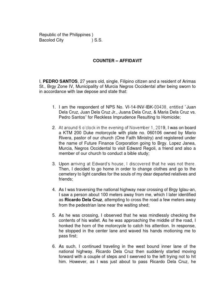 Counter Affidavit Reckless Imprudence Resulting To Homicide PDF
