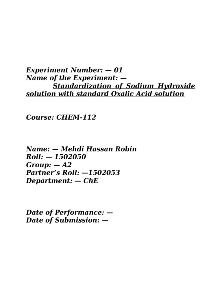 Standardization of Sodium Hydroxide with Oxalic Acid (S NaOH = 0.1029 N ...