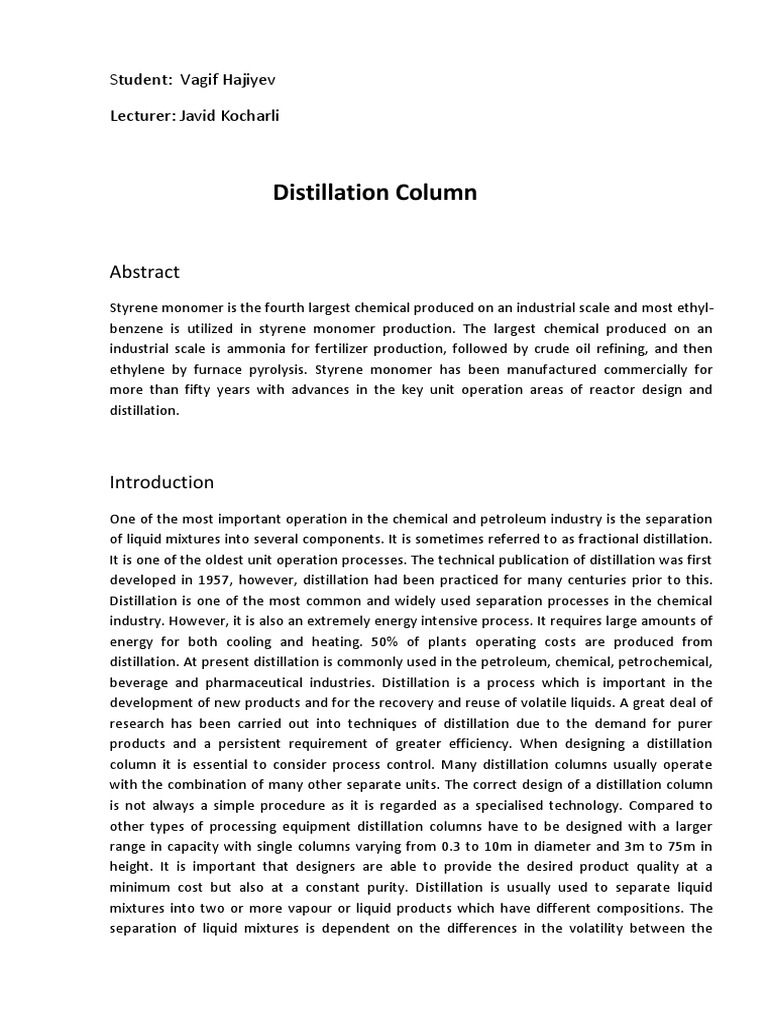 Distillation Column Report | PDF | Distillation | Heat Exchanger