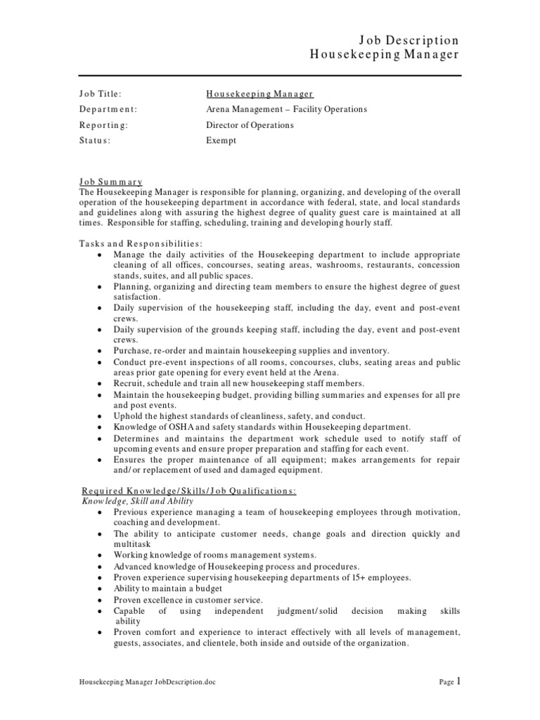 Job Description Housekeeping Manager PDF PDF Housekeeping Business