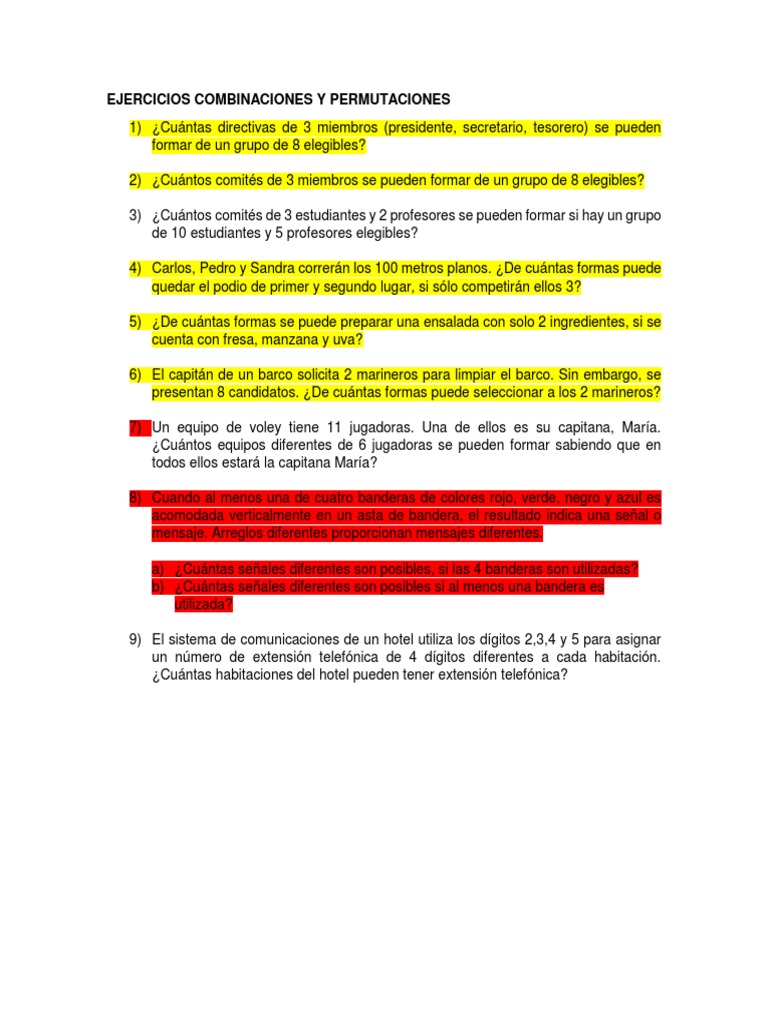 Ejercicios de Combinaciones y Permutaciones | PDF