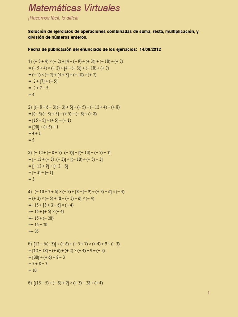 Operaciones Combinadas De Suma Resta Multiplicación Y División De