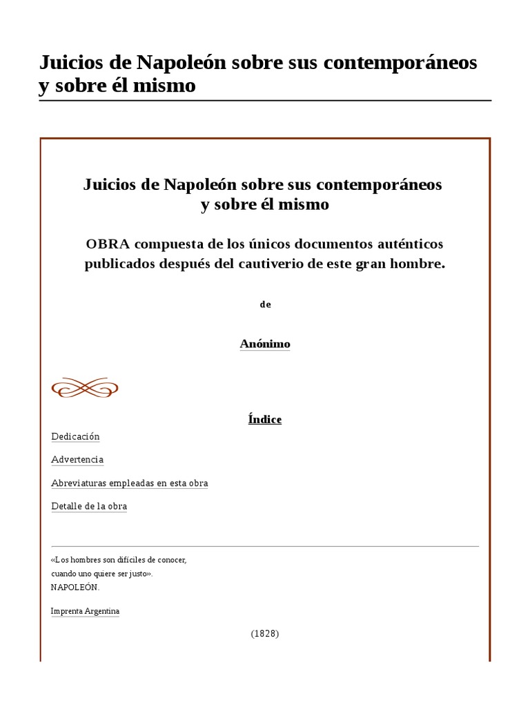 Juicios de Napoleón Sobre Sus Contemporáneos y Sobre Él Mismo PDF
