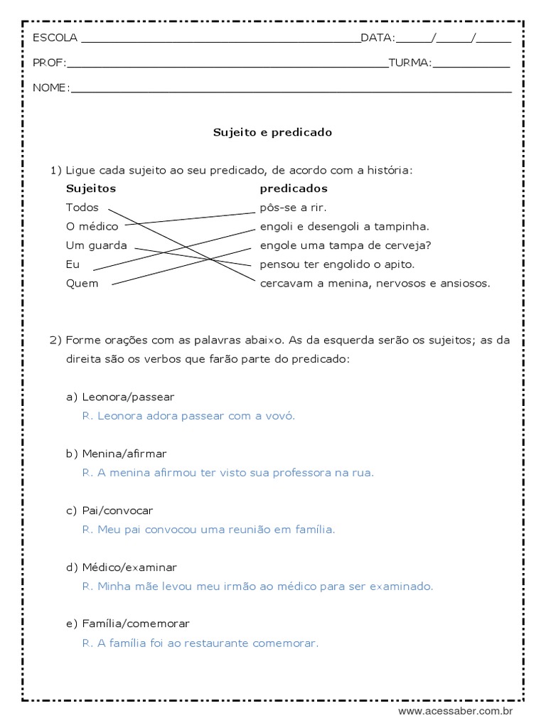 Atividades de Sujeito e Predicado 5º Ano | PDF