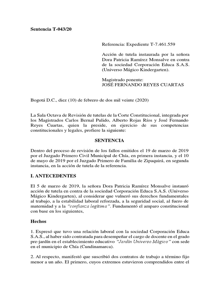 Sentencia T-043/20: Tutela y Embarazo | PDF | Discriminación | Derecho