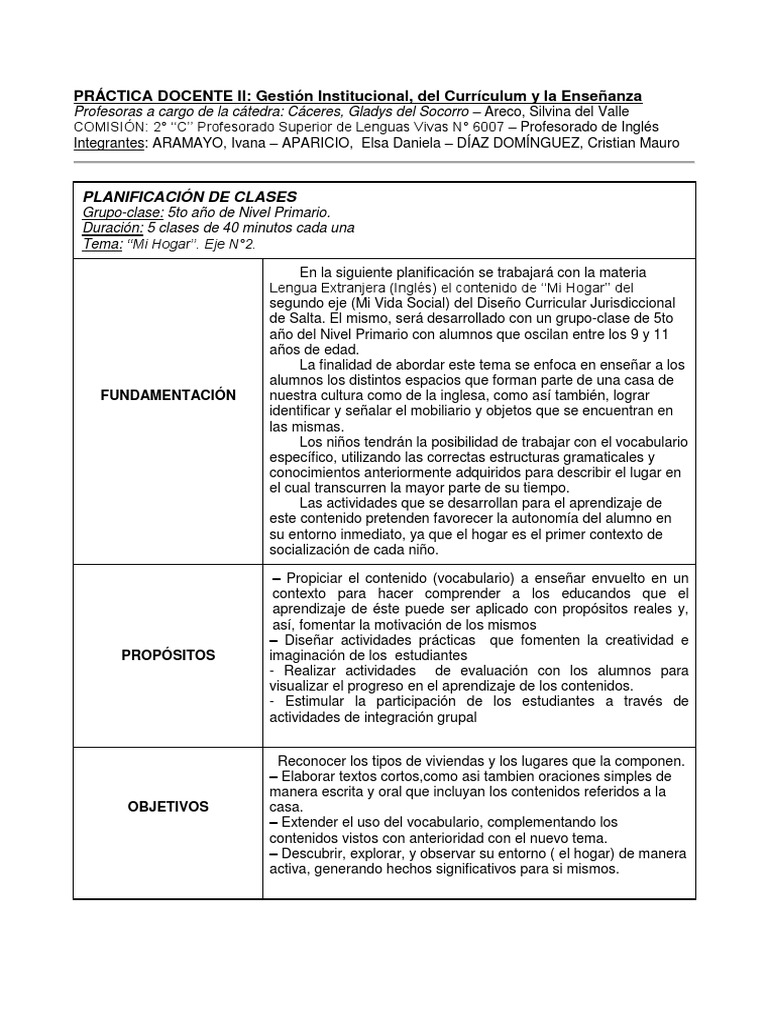 PRÁCTICA DOCENTE II: Planificación de Clases | PDF | Plan de estudios ...