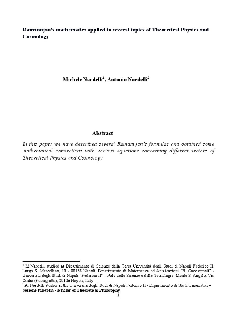 Ramanujan S Mathematics Applied To Several Topics Of Theoretical Physics And Cosmology Michele Nardelli Antonio Nardelli Power Series Series Mathematics