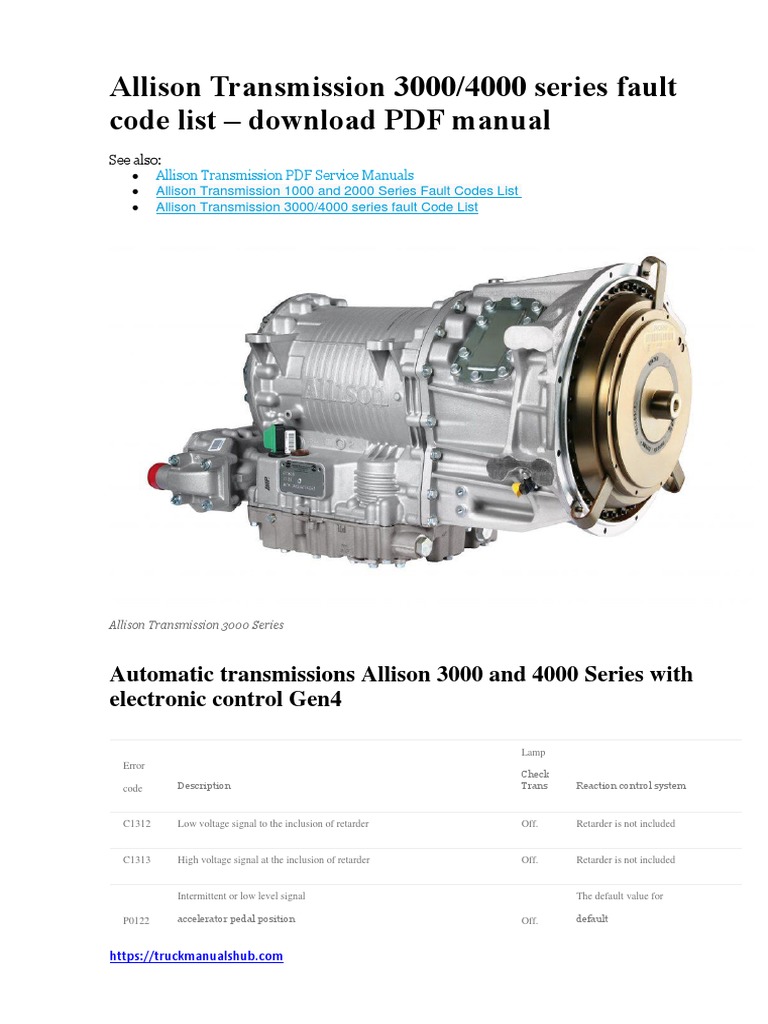Allison Transmission 30004000 Series Fault Code List Download Pdf Manual Pdf Automatic Transmission Transmission Mechanics