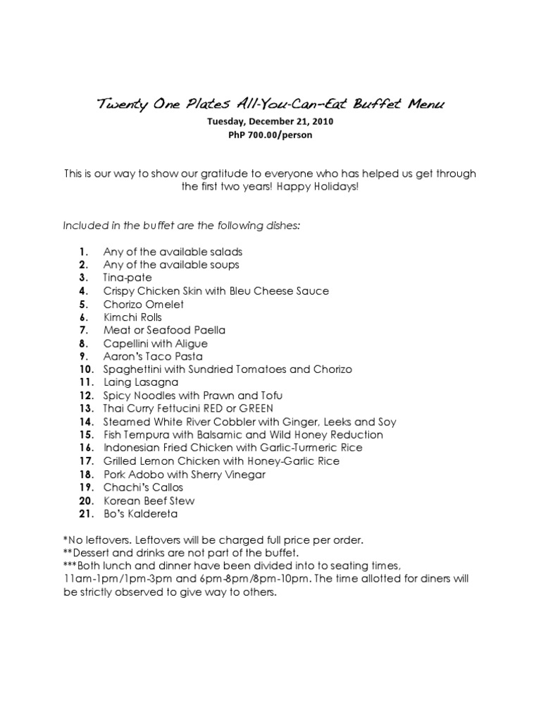 Dec 21 - Twenty One Plates - All You Can Eat Menu | PDF