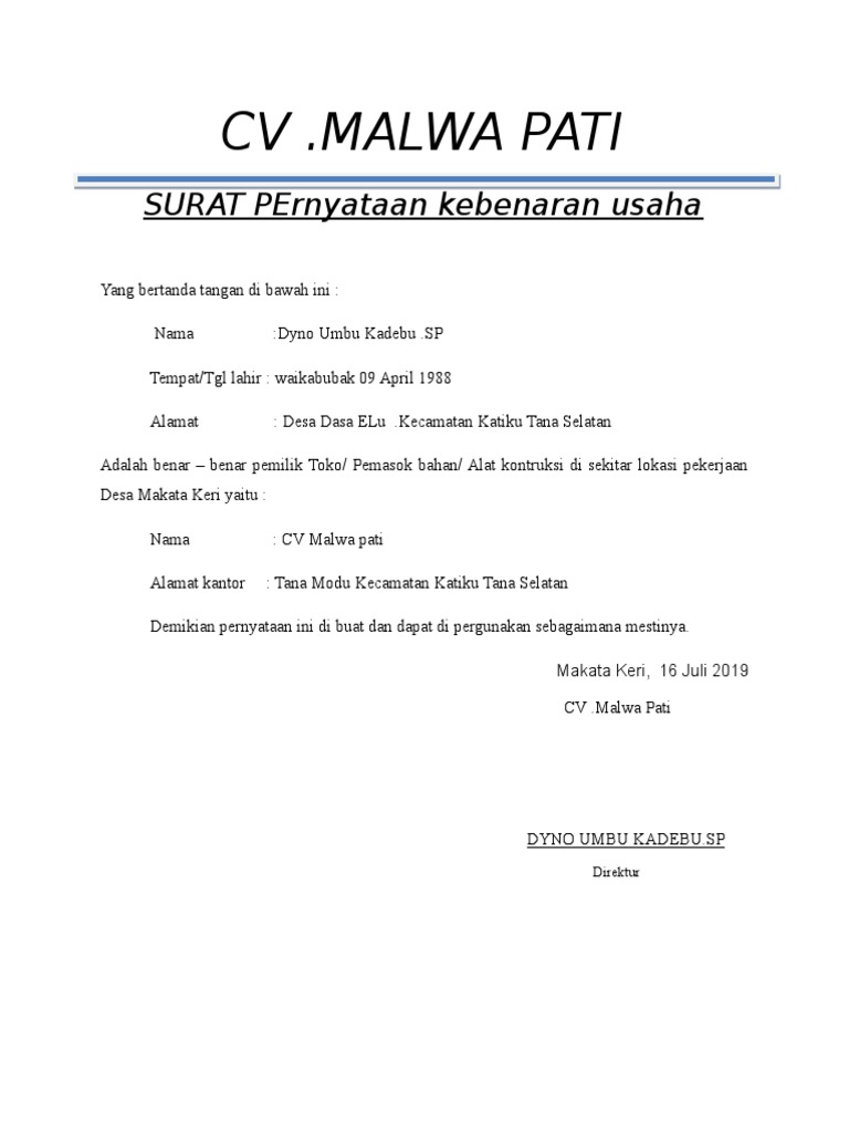 Surat Pernyataan Kebenaran Usaha