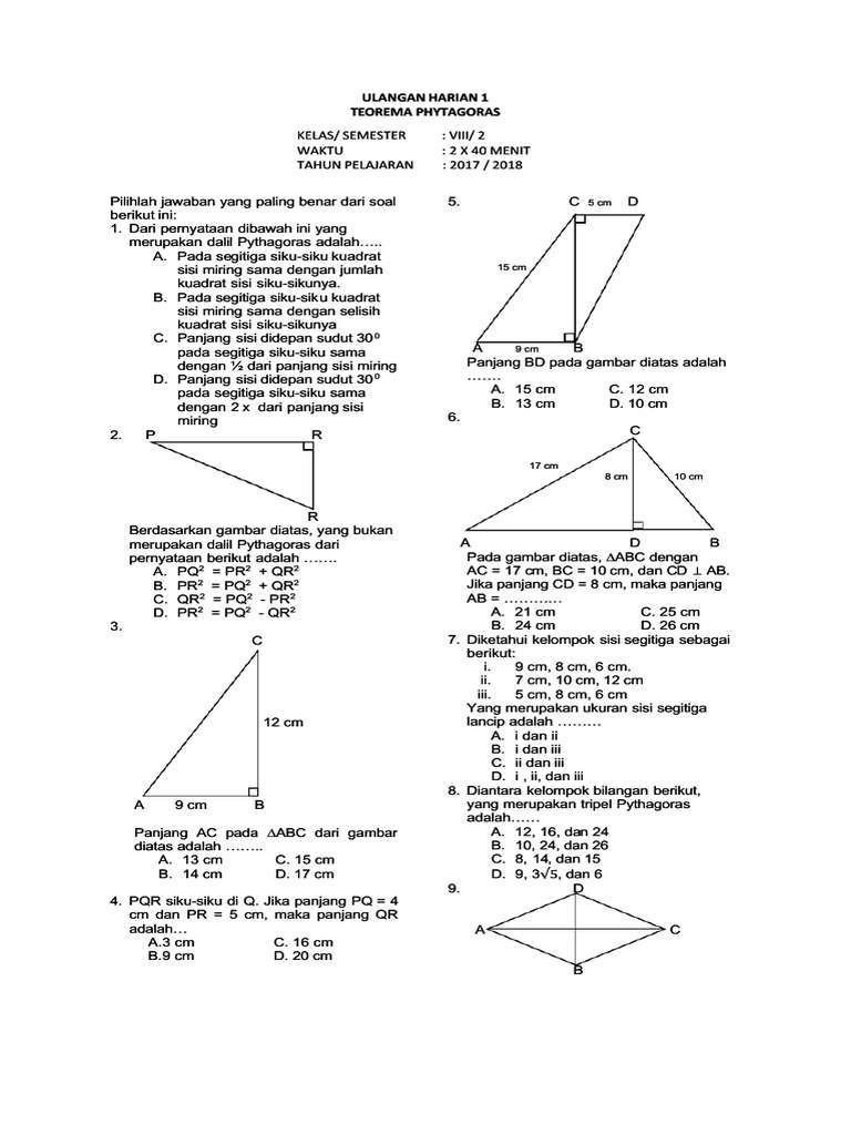 Kupdf Net Soal Ulangan Teorema Pythagoras Kelas 8 Kurikulum 2013 Pdf Diunggah Oleh Zulviana Amrina