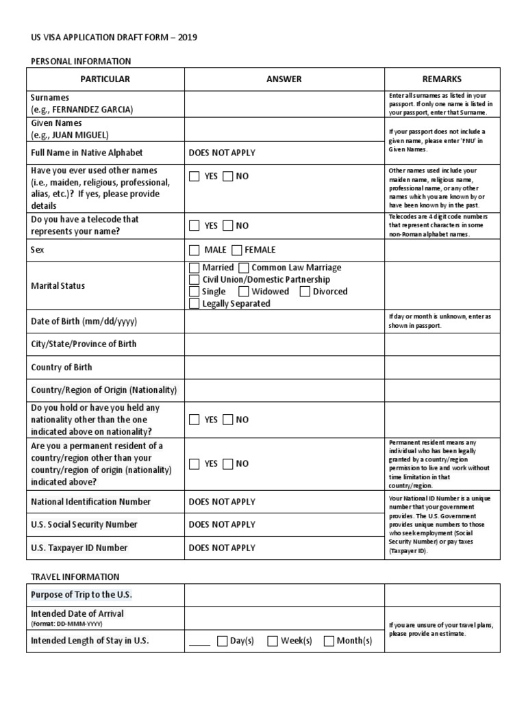 Us Visa Application Draft Form - 2020 | PDF | Passport | Travel Visa