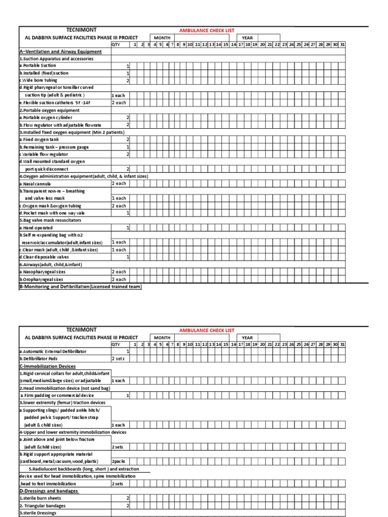 Ambulance Inspection Checklist As Per HAAD Requirement PDF