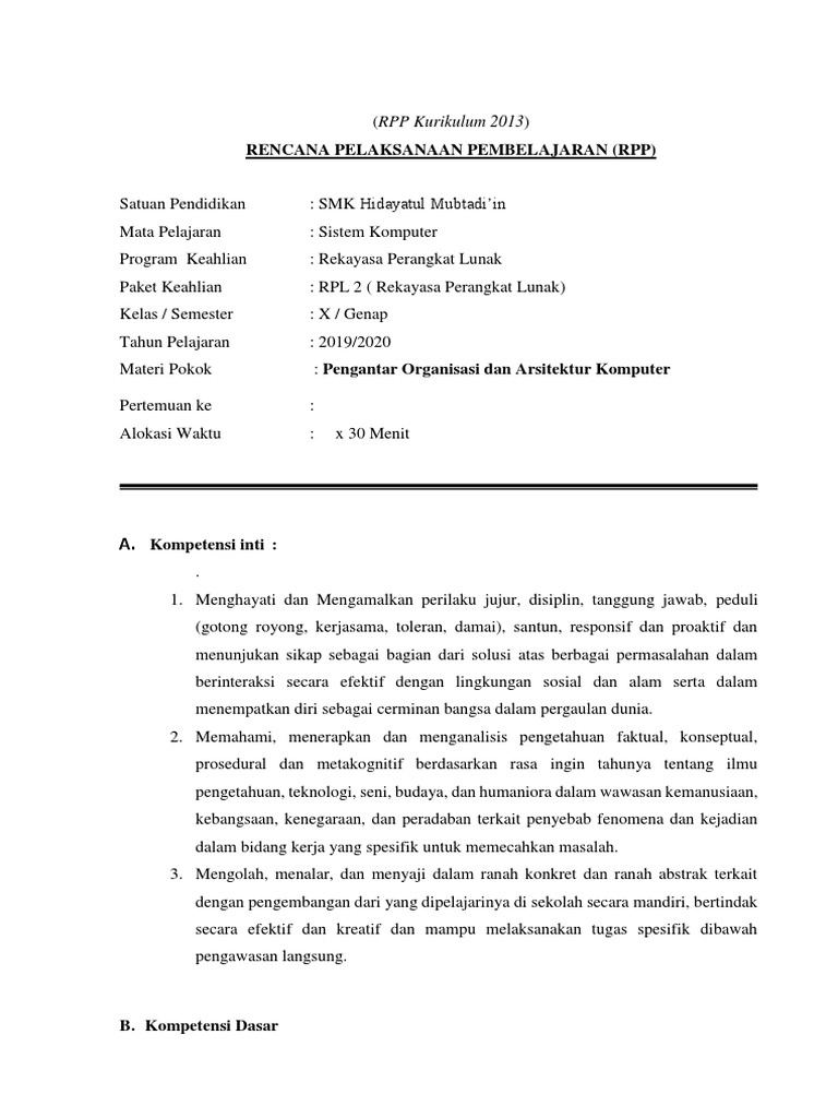RPP Sistem Komputer SMK 2019/2020 | PDF | Karier & Perkembangan | Seni