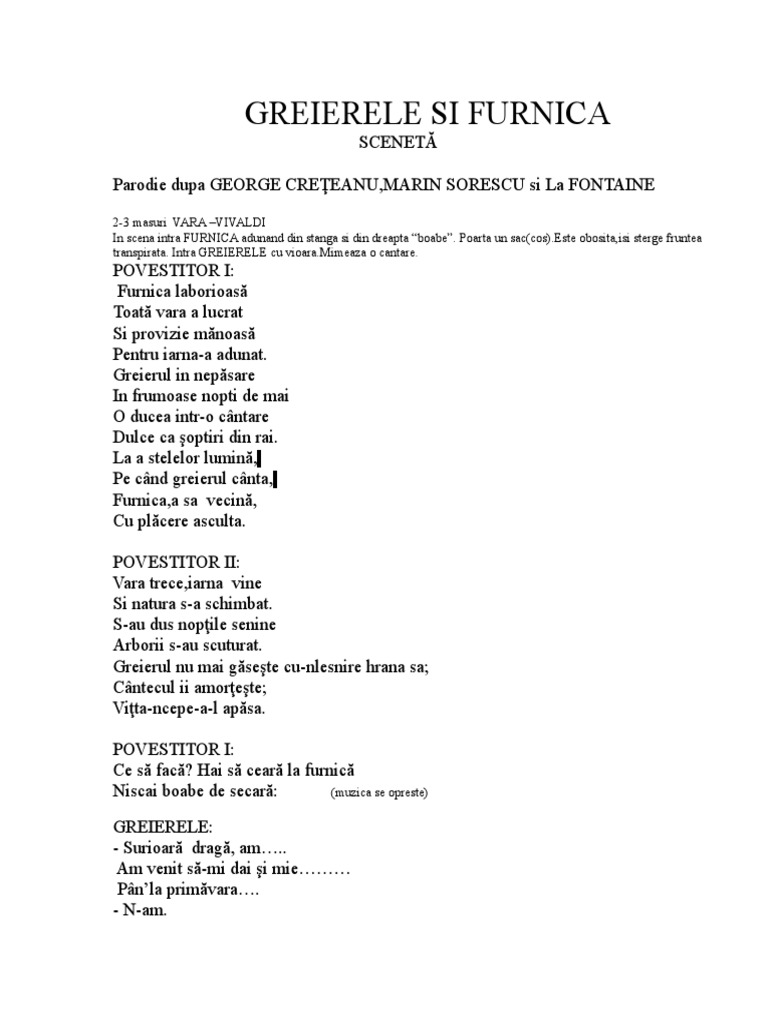 Greierele Si Furnica Marin Sorescu Greierele Si Furnica - Parodie | PDF