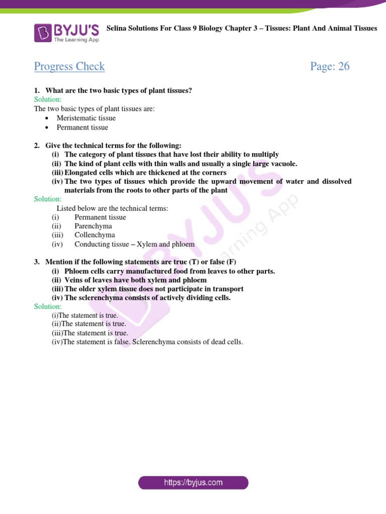 Selina Solutions For Class 9 Biology Chapter 3 Tissues Plant and Animal ...