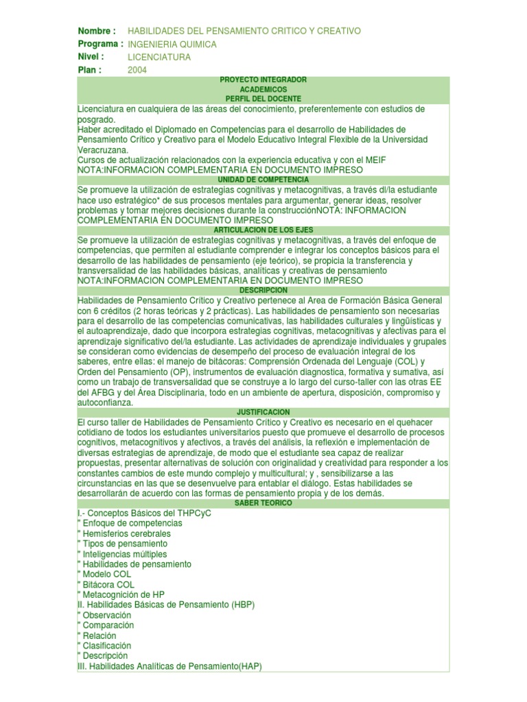 02 Habilidades Del Pensamiento Crítico y Creativo | PDF