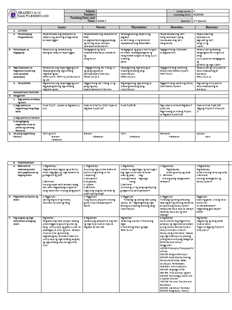 Grade 5 DLL FILIPINO 5 Q4 Week 3 | PDF