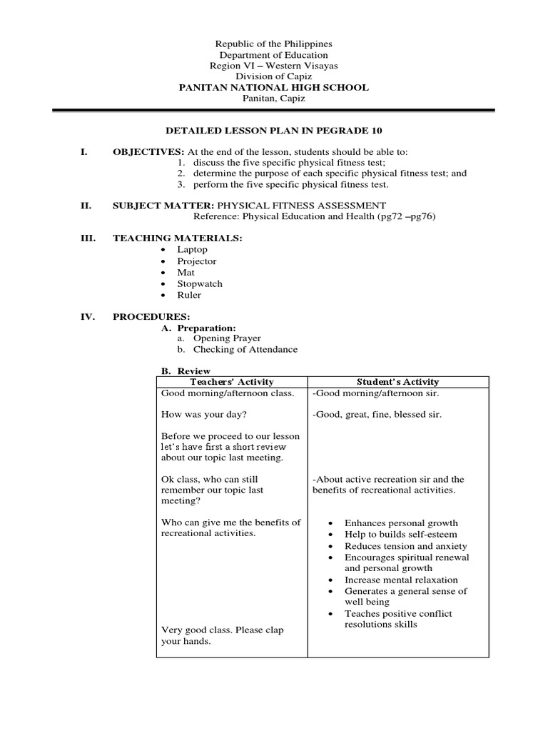 Detailed PE Lesson Plan for Grade 10 | PDF | Career & Growth | Self ...