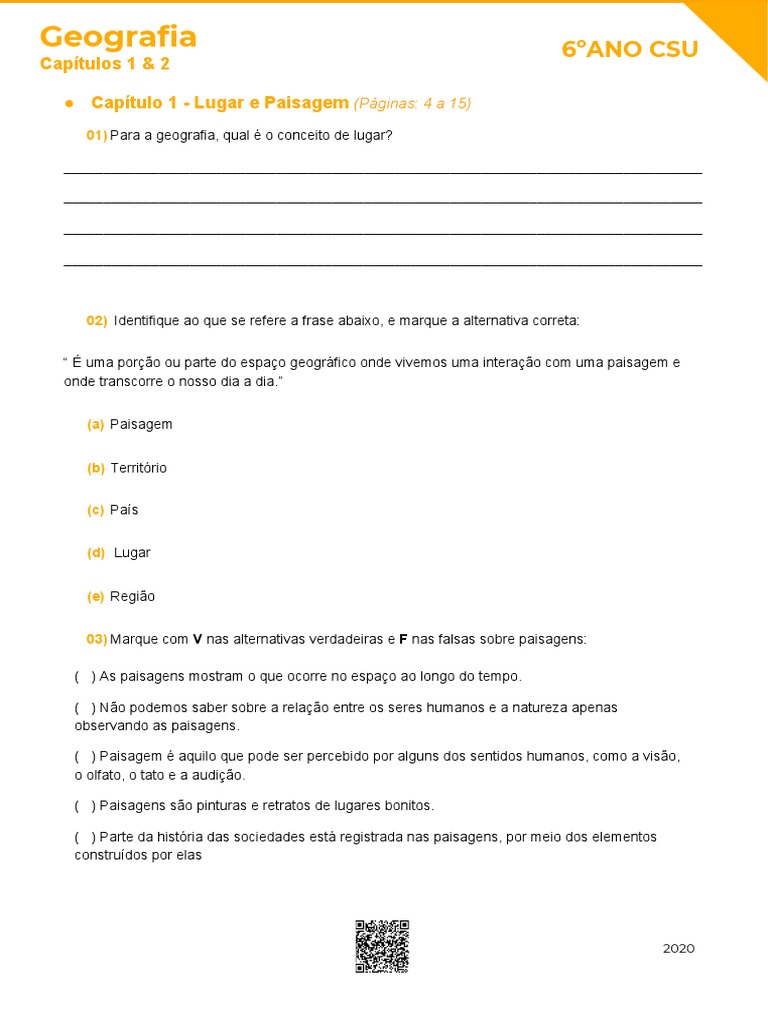 2020 Cap - 1 e 2 Geografia - 6º Ano CSU - 1º Bimestre | PDF
