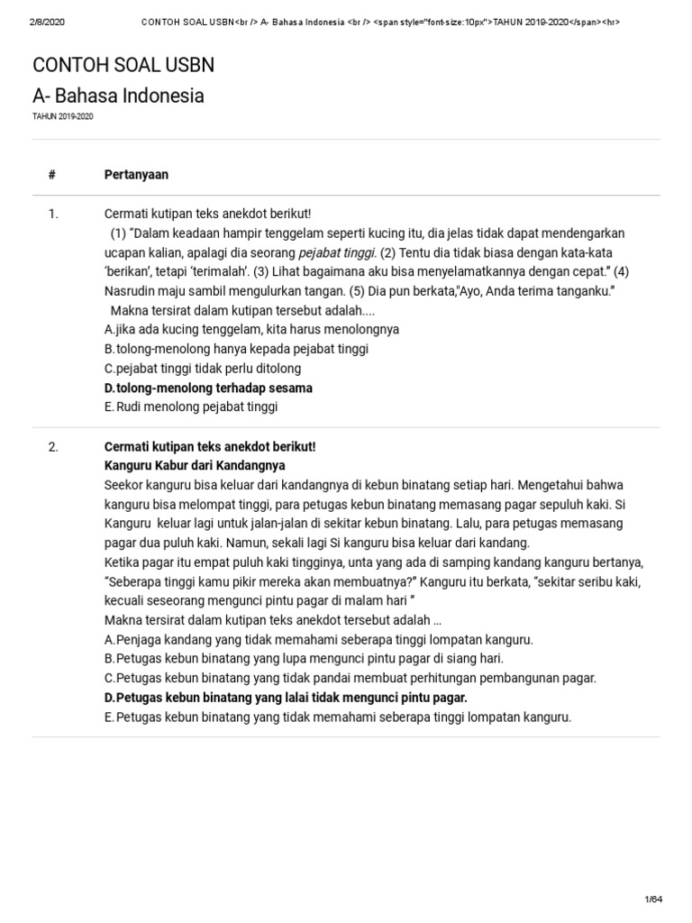 Contoh Soal Usbn Br A Bahasa Indonesia Bu Sri C